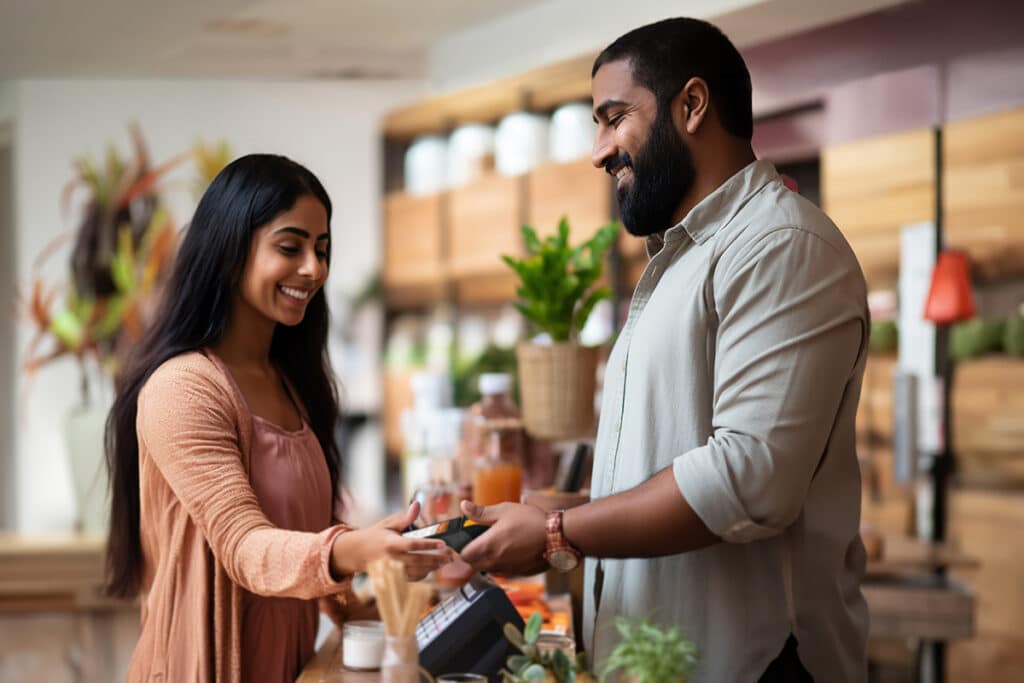 best payment gateway for Small business owner holding an OTT Pay Smart POS Terminal while a customer uses their smartphone to pay