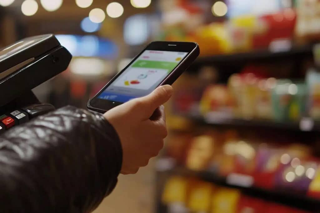 Closeup of someone in a grocery store on their phone